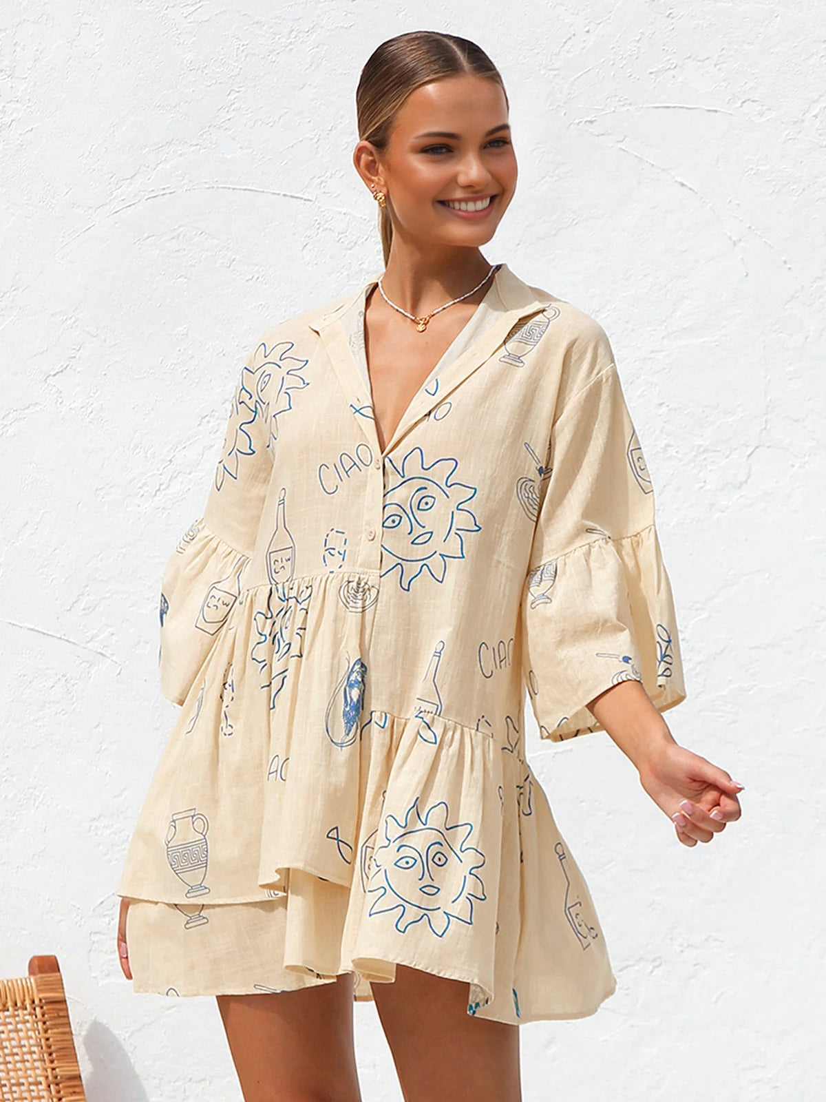 Women's Graphic Linen Mini Dress with Revere Collar