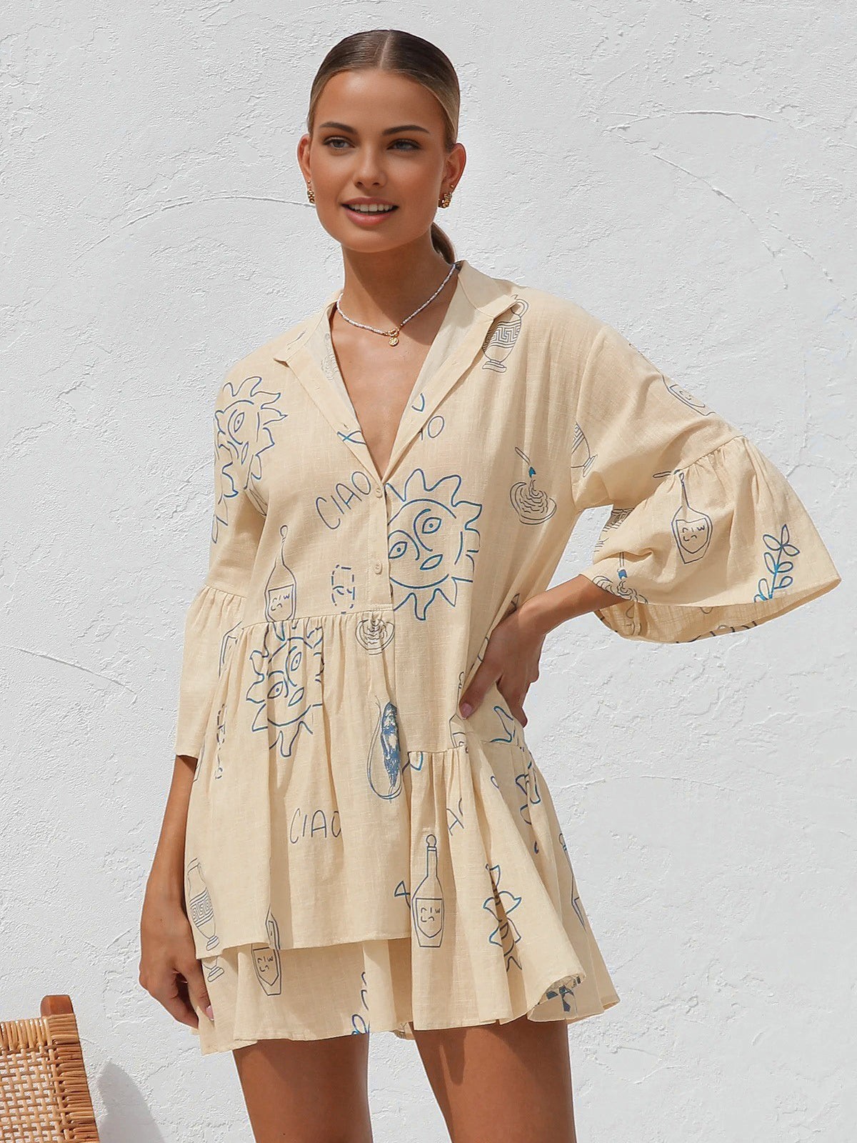 Women's Graphic Linen Mini Dress with Revere Collar