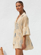 Women's Graphic Linen Mini Dress with Revere Collar