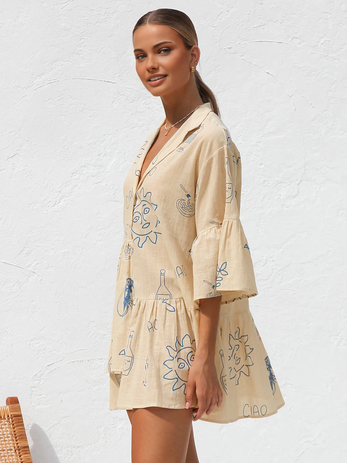 Women's Graphic Linen Mini Dress with Revere Collar