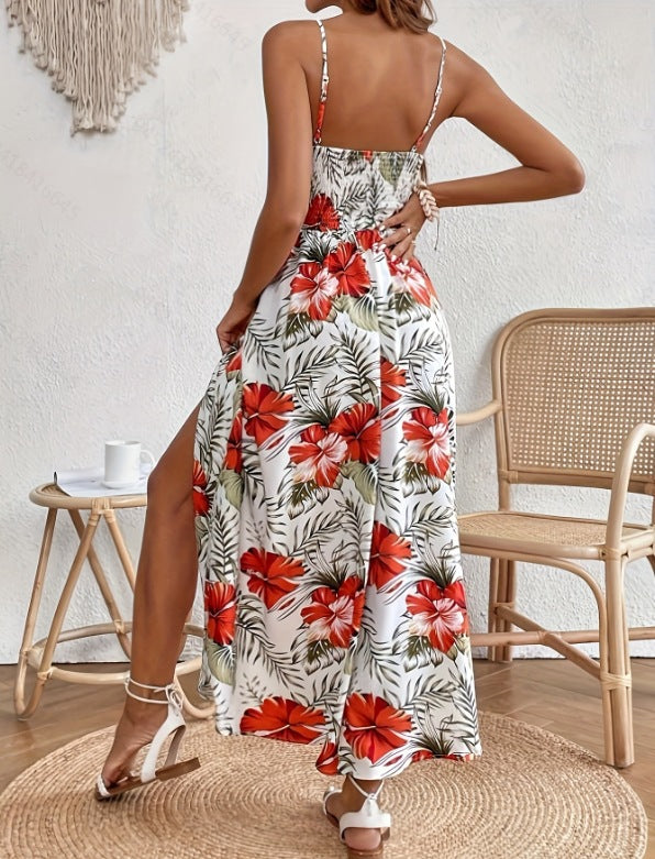 Women's Tropical Floral Maxi Dress with V-Neck and Spaghetti Straps