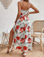 Women's Tropical Floral Maxi Dress with V-Neck and Spaghetti Straps