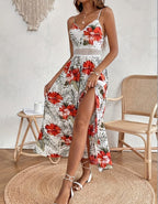 Women's Tropical Floral Maxi Dress with V-Neck and Spaghetti Straps