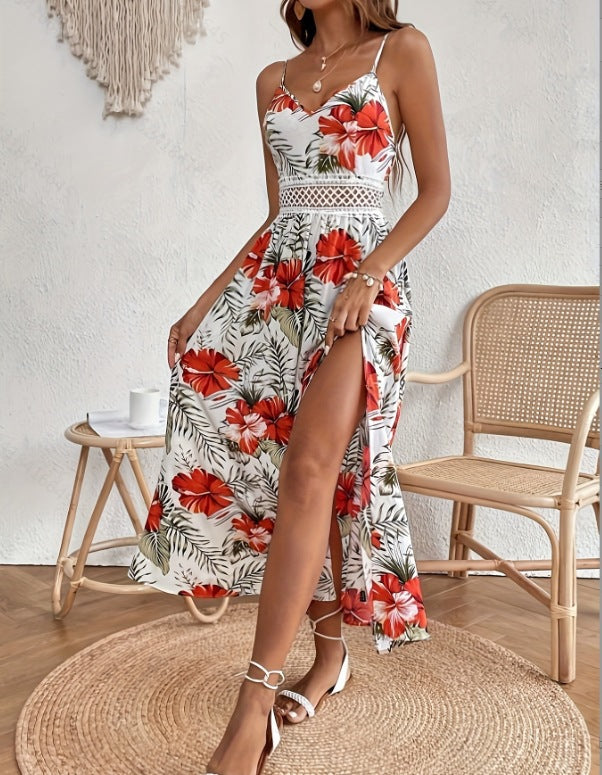Women's Tropical Floral Maxi Dress with V-Neck and Spaghetti Straps
