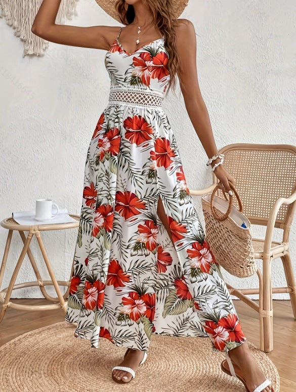 Women's Tropical Floral Maxi Dress with V-Neck and Spaghetti Straps