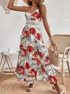 Women's Tropical Floral Maxi Dress with V-Neck and Spaghetti Straps