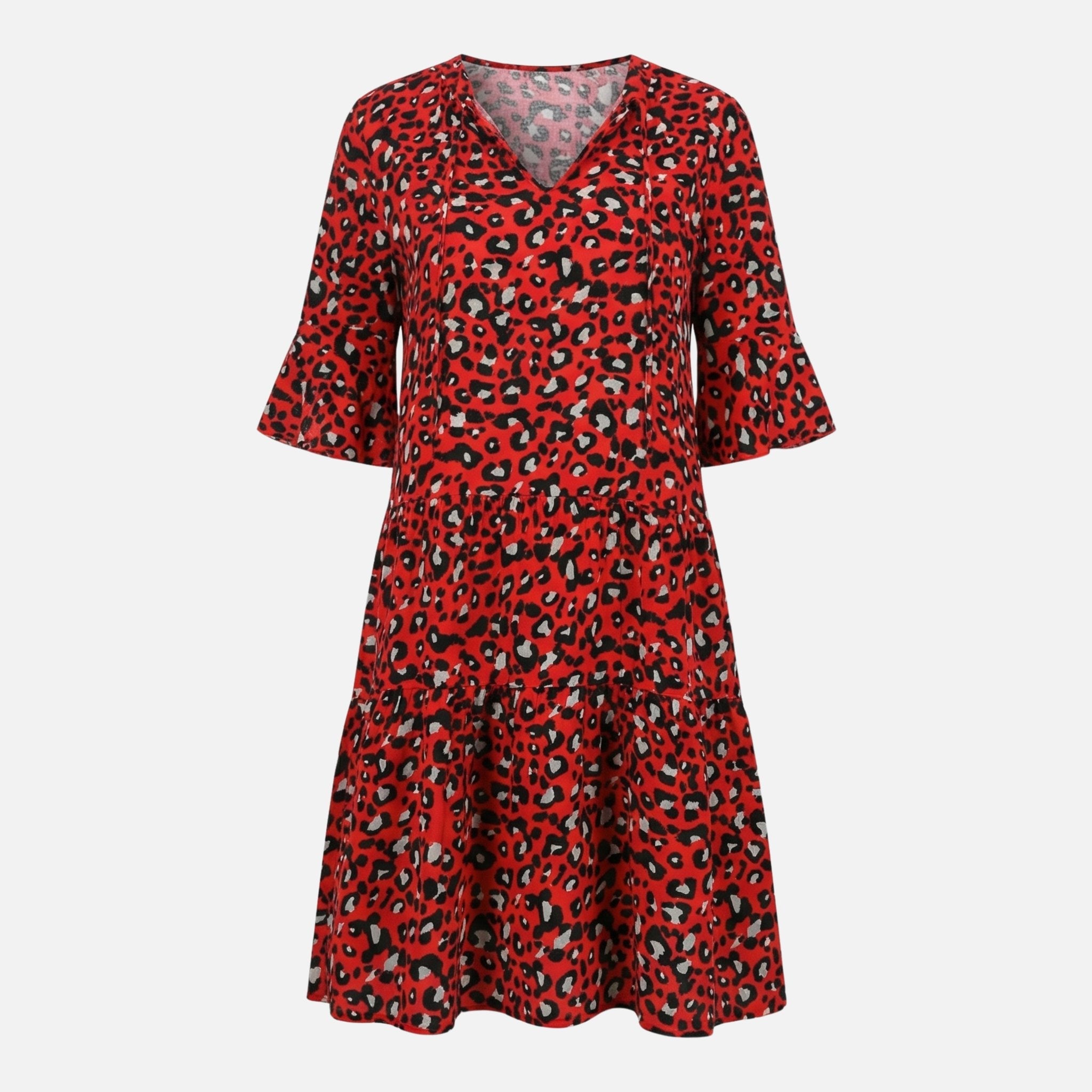 Women's Flowing Midi Dress with Leopard Print V-Neck