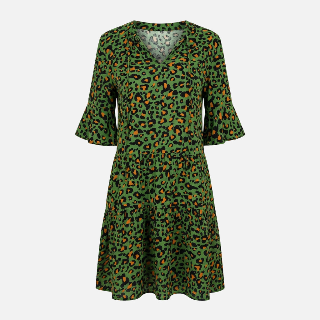 Women's Flowing Midi Dress with Leopard Print V-Neck