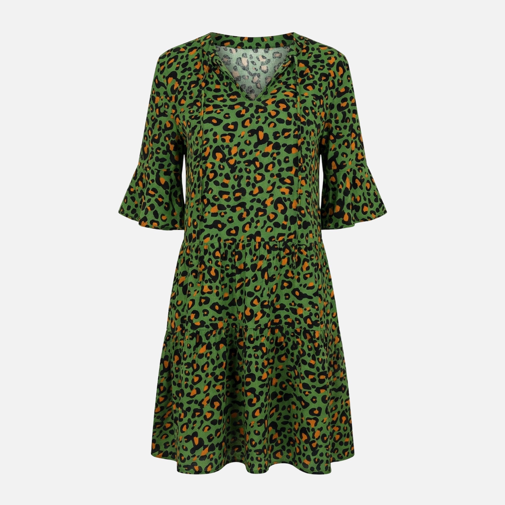 Women's Flowing Midi Dress with Leopard Print V-Neck
