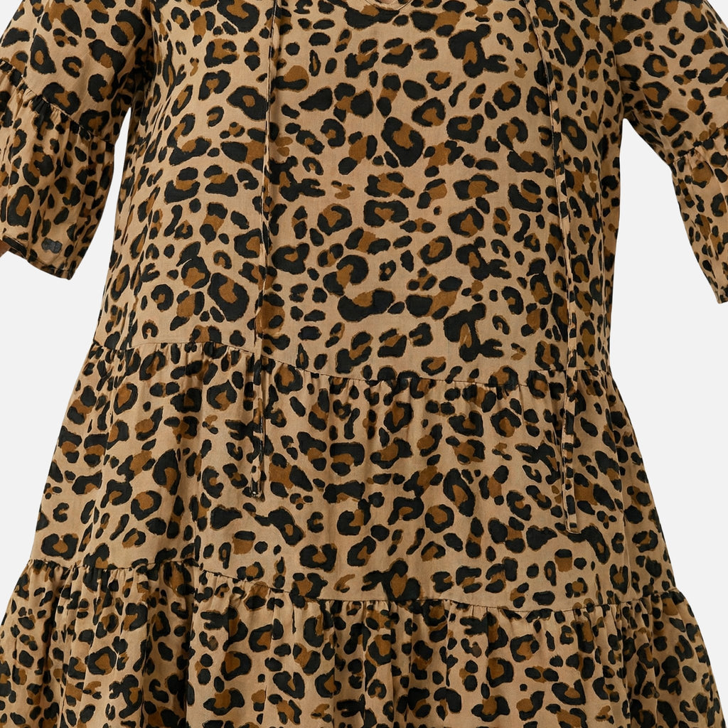 Women's Flowing Midi Dress with Leopard Print V-Neck