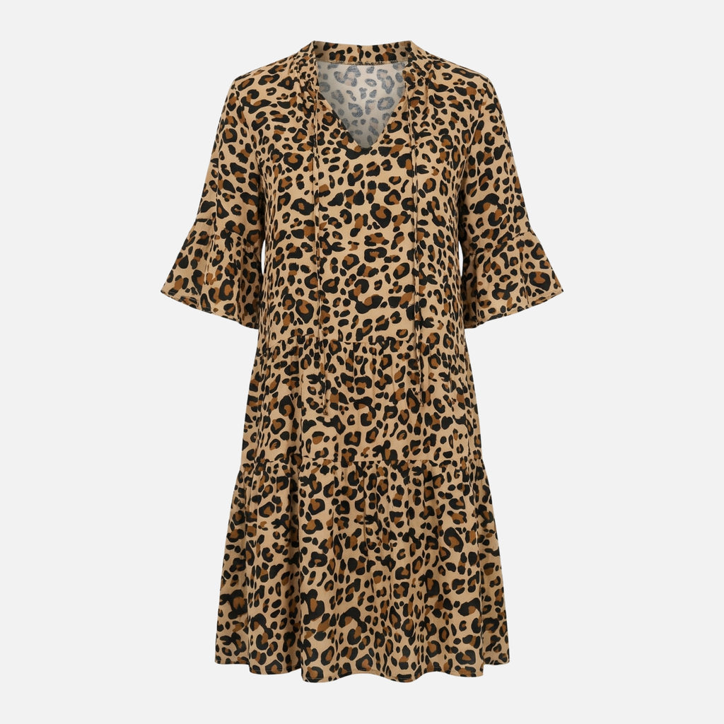 Women's Flowing Midi Dress with Leopard Print V-Neck