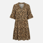 Women's Flowing Midi Dress with Leopard Print V-Neck