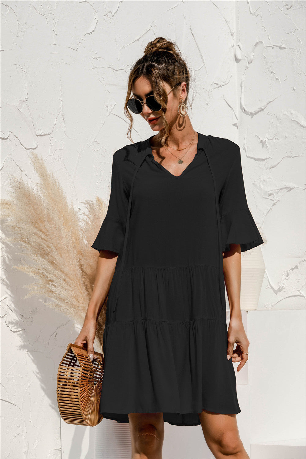 Women's Flowing Midi Dress with Leopard Print V-Neck