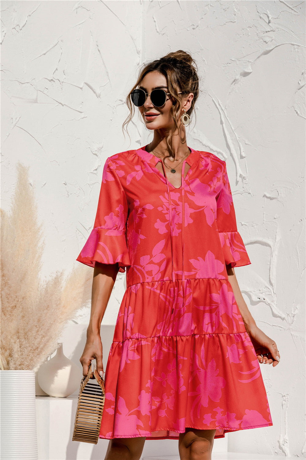Women's Flowing Midi Dress with Leopard Print V-Neck