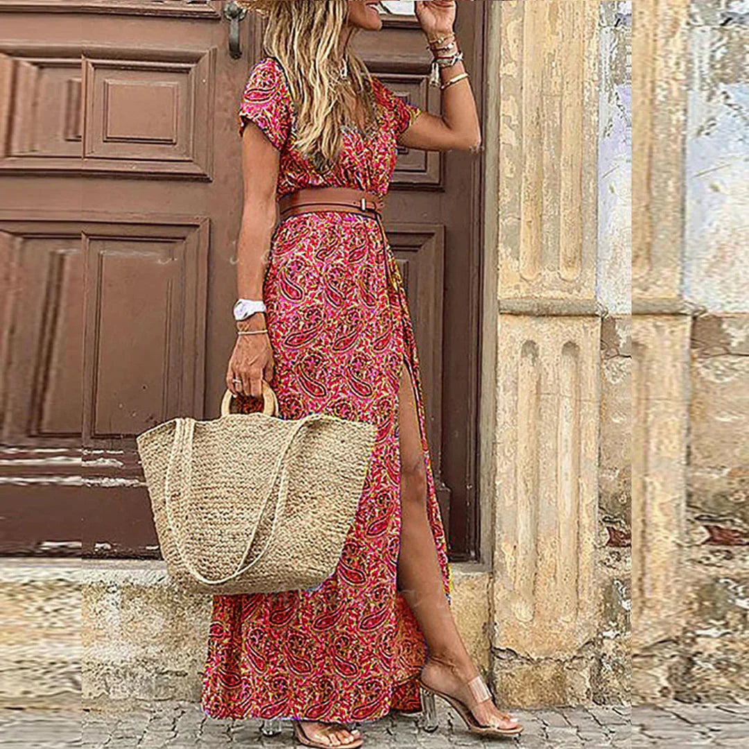 Women's Flowing Paisley Maxi Dress with V-Neck