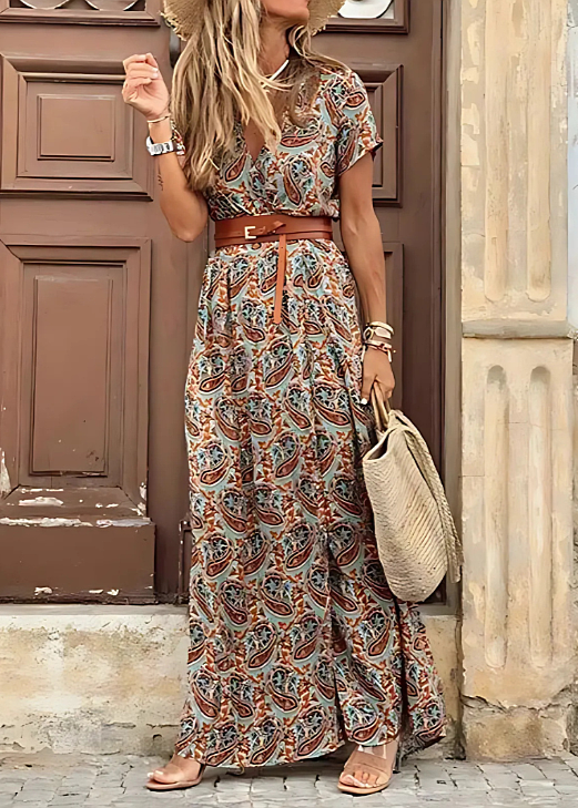 Women's Flowing Paisley Maxi Dress with V-Neck