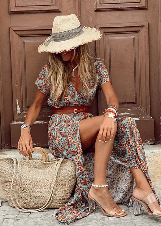 Women's Flowing Paisley Maxi Dress with V-Neck