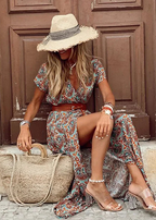 Women's Flowing Paisley Maxi Dress with V-Neck