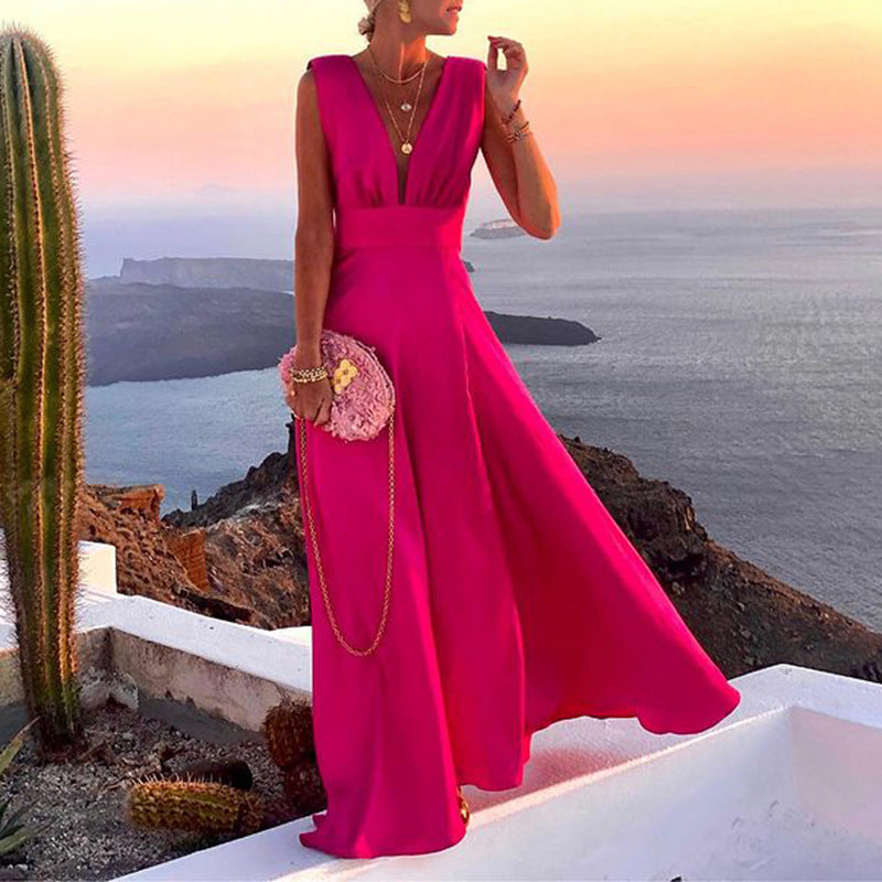 Women's Satin Floral Maxi Dress with V-Neck and Sleeveless Bodice