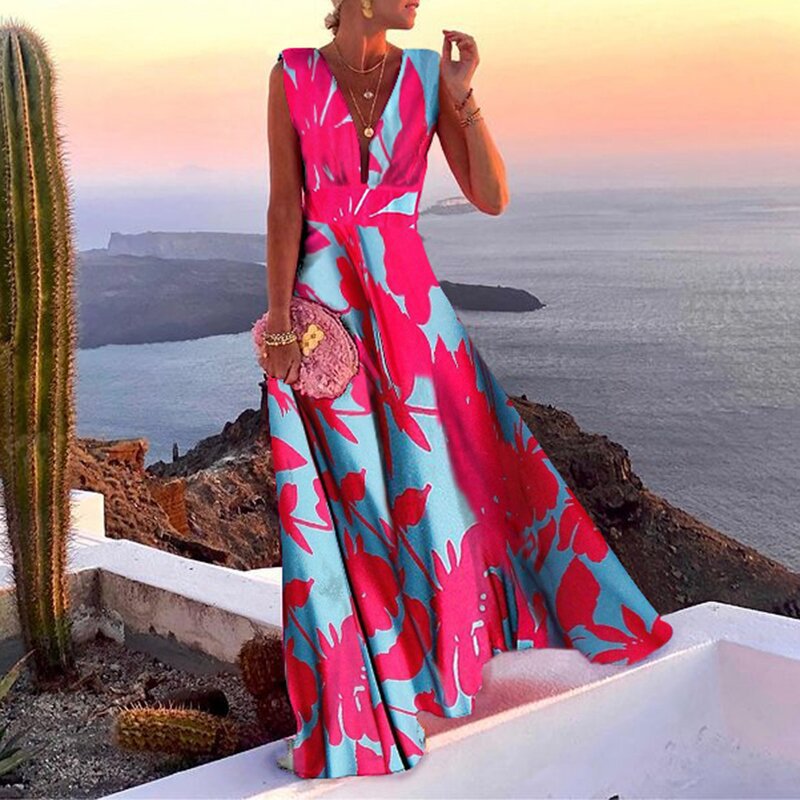 Women's Satin Floral Maxi Dress with V-Neck and Sleeveless Bodice