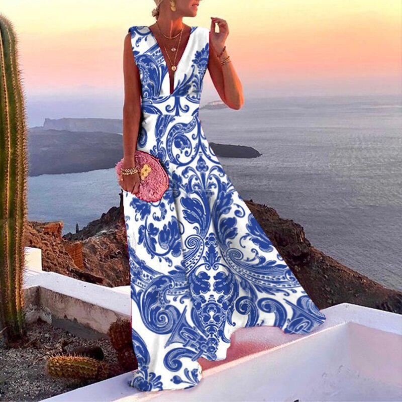 Women's Satin Floral Maxi Dress with V-Neck and Sleeveless Bodice