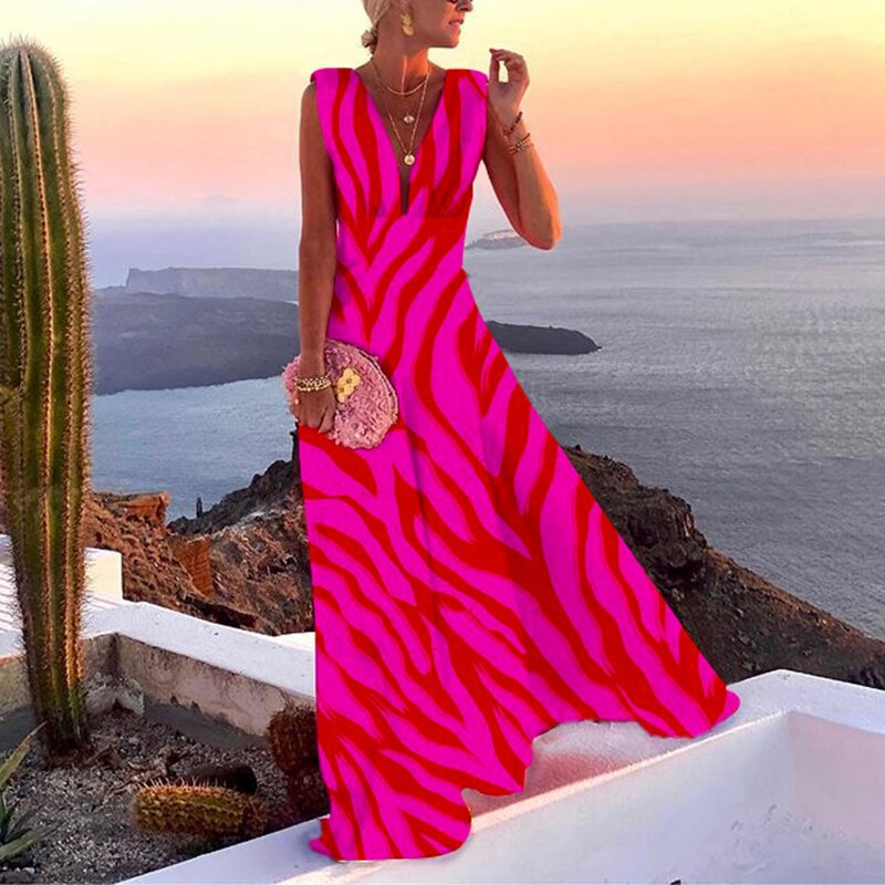 Women's Satin Floral Maxi Dress with V-Neck and Sleeveless Bodice