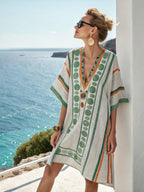 Women's Flowy Linen Mini Beach Dress with Embroidered V-Neck
