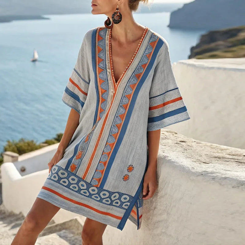 Women's Flowy Linen Mini Beach Dress with Embroidered V-Neck