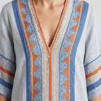 Women's Flowy Linen Mini Beach Dress with Embroidered V-Neck