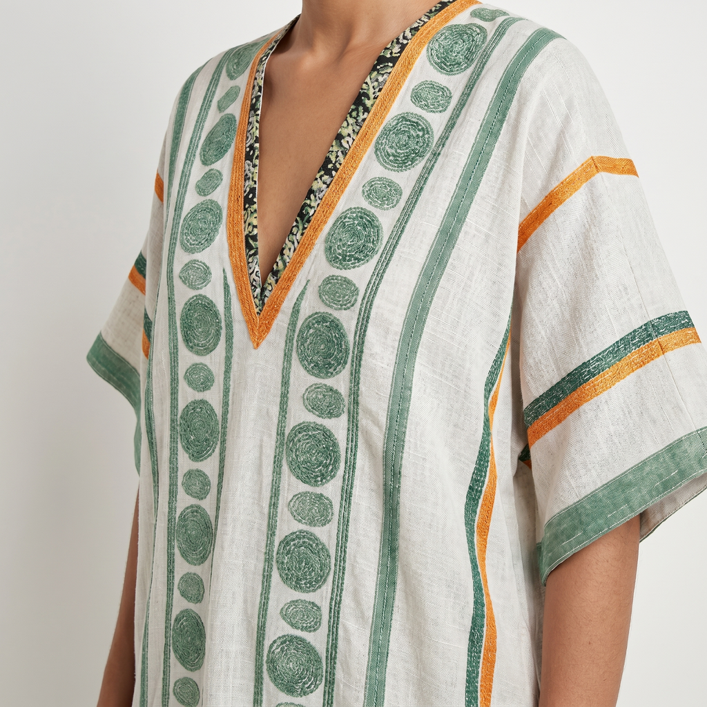 Women's Flowy Linen Mini Beach Dress with Embroidered V-Neck