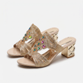 Women's Glitter Block Heel Sandals with Gemstone Detail