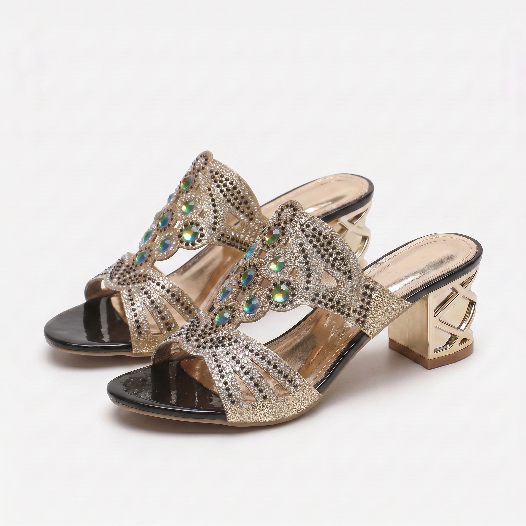 Women's Glitter Block Heel Sandals with Gemstone Detail