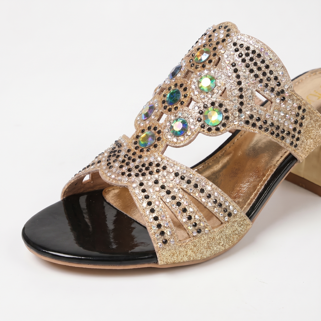 Women's Glitter Block Heel Sandals with Gemstone Detail
