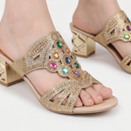 Women's Glitter Block Heel Sandals with Gemstone Detail