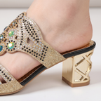 Women's Glitter Block Heel Sandals with Gemstone Detail