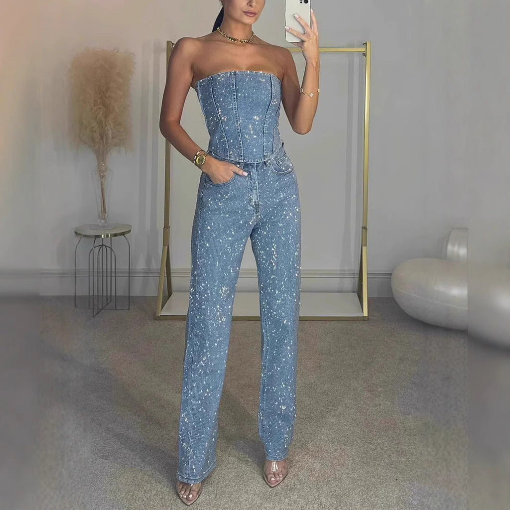 Women's Glitter Top and High-Waist Trouser Set