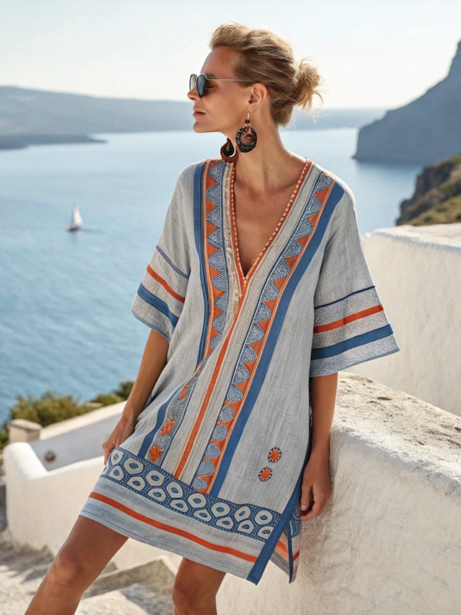 Women's Flowy Linen Mini Beach Dress with Embroidered V-Neck
