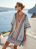 Women's Flowy Linen Mini Beach Dress with Embroidered V-Neck