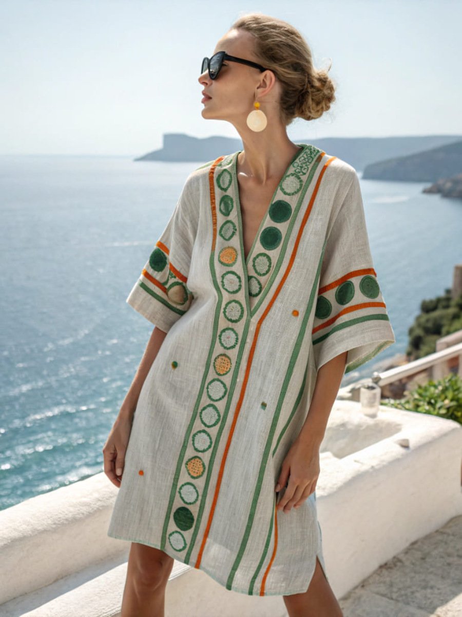 Women's Flowy Linen Mini Beach Dress with Embroidered V-Neck