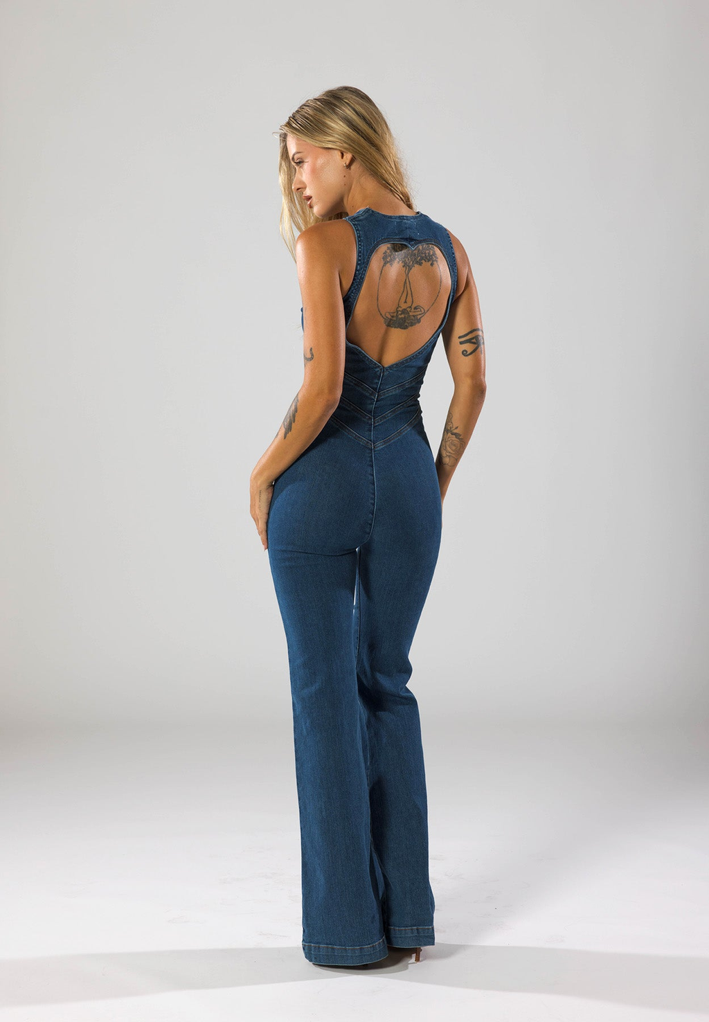 Women's Fitted Denim Jumpsuit with Heart V-Neck