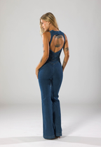Women's Fitted Denim Jumpsuit with Heart V-Neck