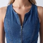 Women's Fitted Denim Jumpsuit with Heart V-Neck