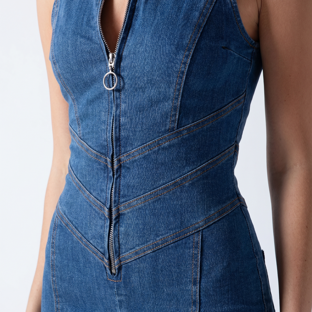 Women's Fitted Denim Jumpsuit with Heart V-Neck
