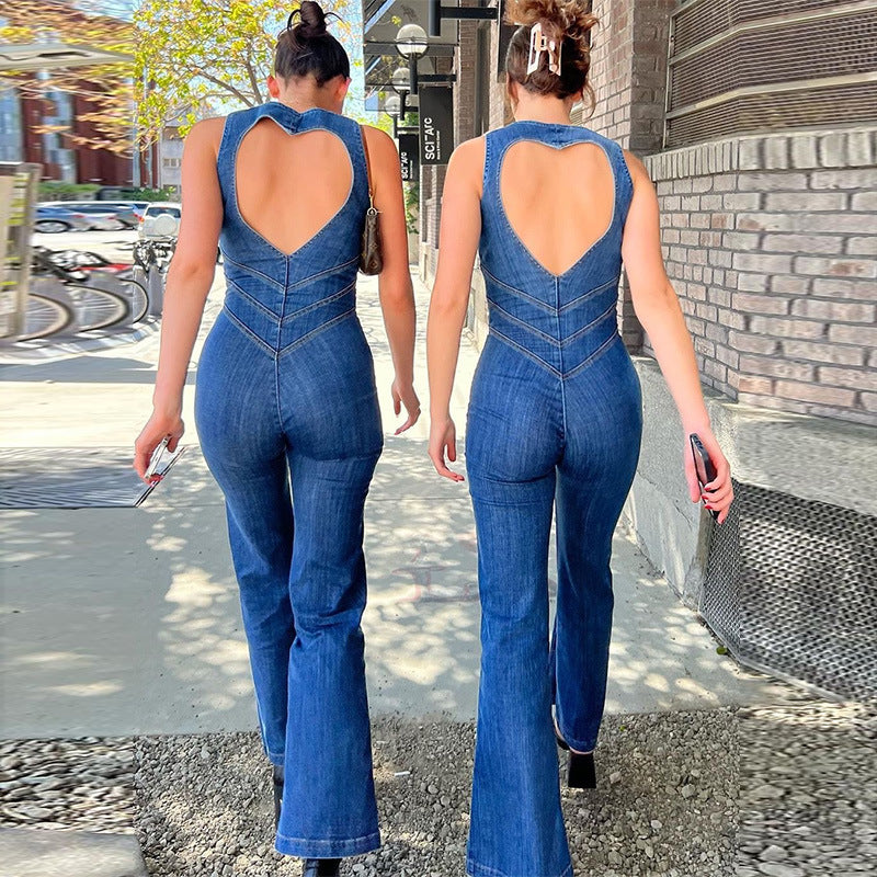Women's Fitted Denim Jumpsuit with Heart V-Neck
