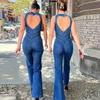 Women's Fitted Denim Jumpsuit with Heart V-Neck