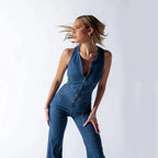 Women's Fitted Denim Jumpsuit with Heart V-Neck