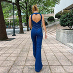 Women's Fitted Denim Jumpsuit with Heart V-Neck