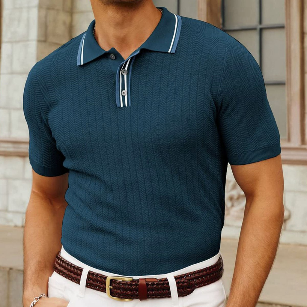 Men's Herringbone Knit Polo Shirt with Contrast Tipping