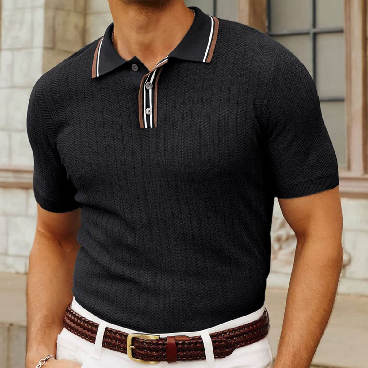 Men's Herringbone Knit Polo Shirt with Contrast Tipping