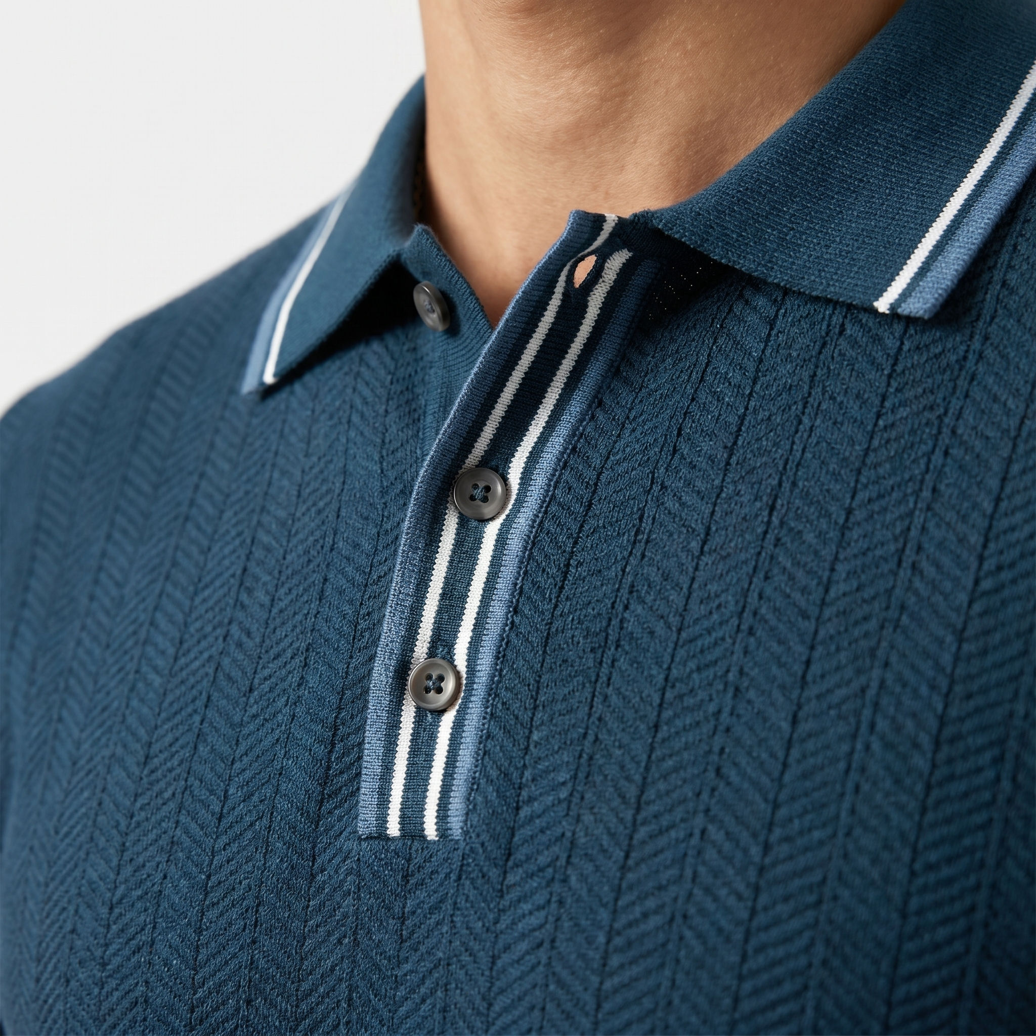 Men's Herringbone Knit Polo Shirt with Contrast Tipping